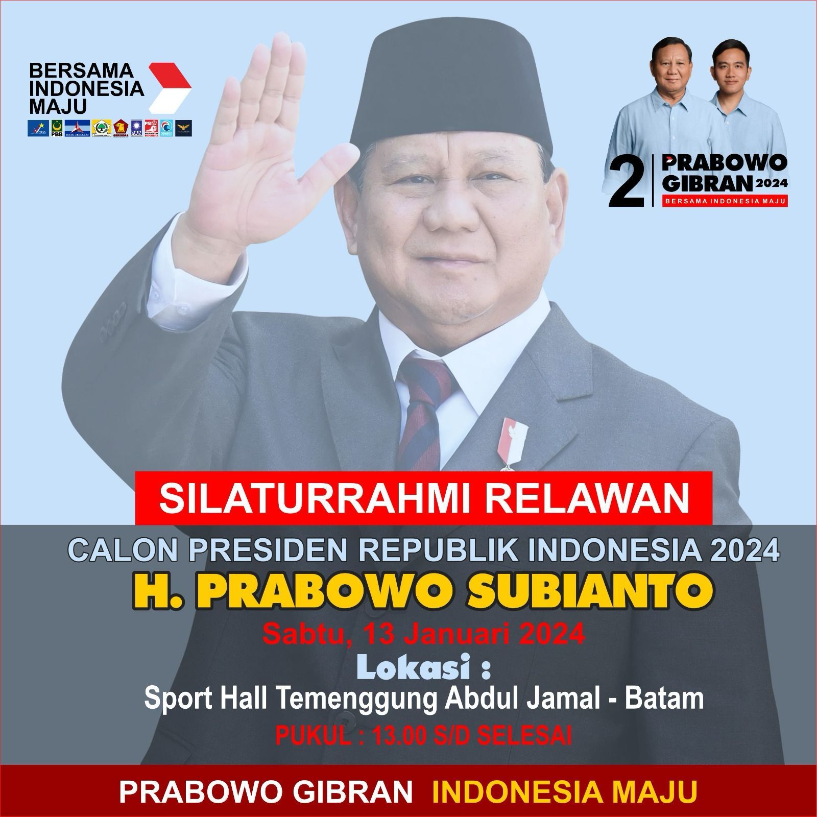 Prabowo Subianto, Calon Presiden (Capres) No urut 2 dijadwalkan akan menghadiri kegiatan Silaturahmi Relawan Prabowo Gibran, Sabtu (13/1/2024) di Batam, Kepulauan Riau (Kepri).