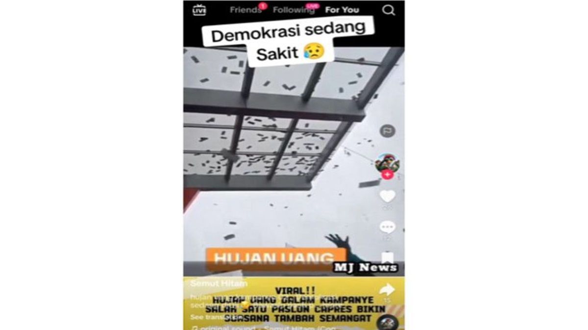Unggahan video disinformasi yang menarasikan kampanye hujan uang salah satu paslon di Tasikmalaya. Faktanya, video tersebut merupakan acara akhir tahun suatu pusat perbelanjaan.