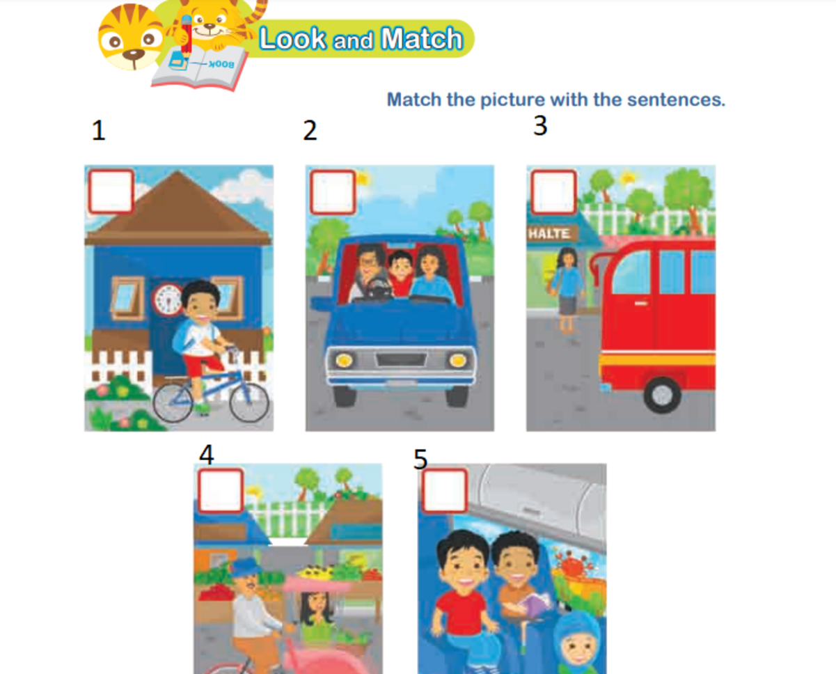 Look and Match Kunci Jawaban Bahasa Inggris Kelas 4 SD Unit 12 Halaman 130: He Goes to School by Bike, Kurikulum Merdeka