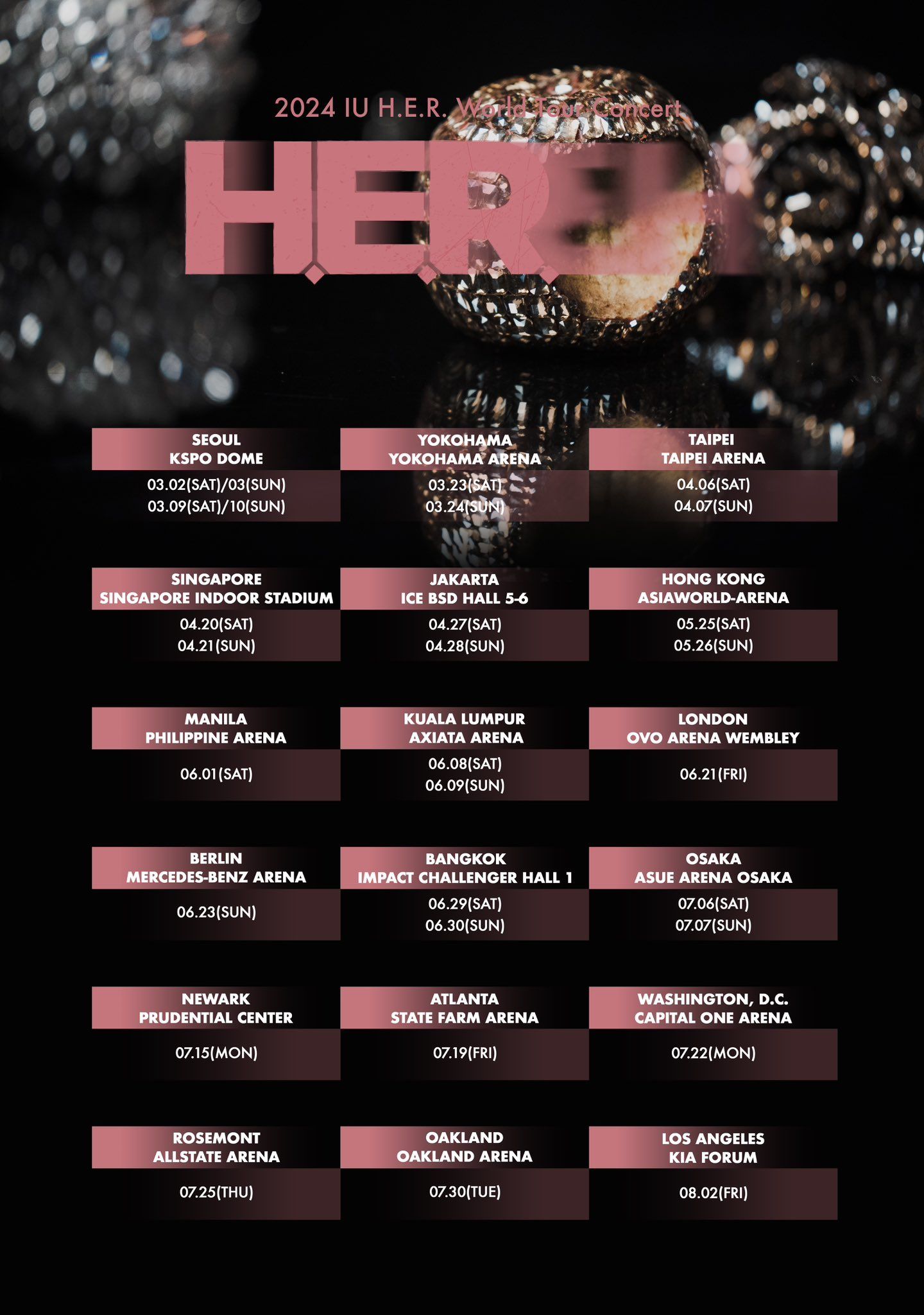 Daftar 18 kota lokasi konser tur dunia IU bertajuk "2024 IU H.E.R World Tour Concert".