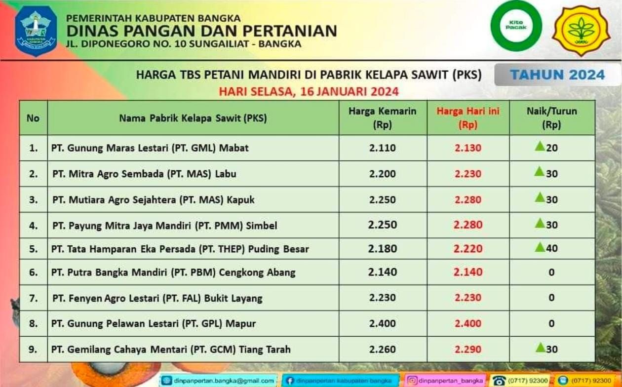 Harga TBS sawit Kabupaten Bangka 16 Januari 2024 ditingkat PKS