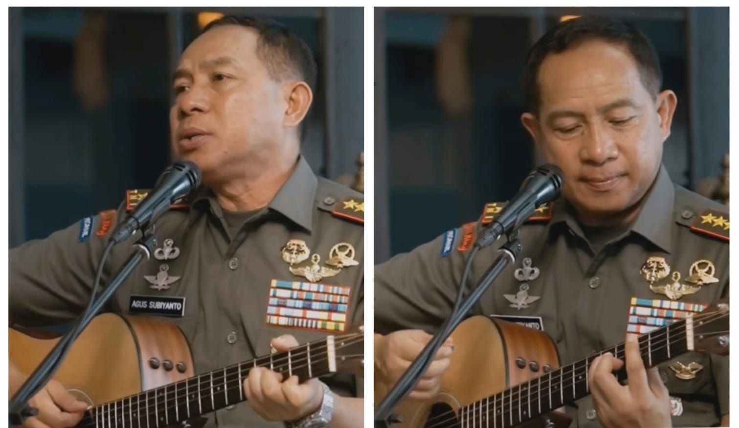 Panglima TNI Jenderal Agus Subiyanto memainkan gitar akustik sambil menyanyi lagu Benci untuk Mencinta milik Naif.*/Kolase Kabar Priangan/Instagram/@91agussubiyanto