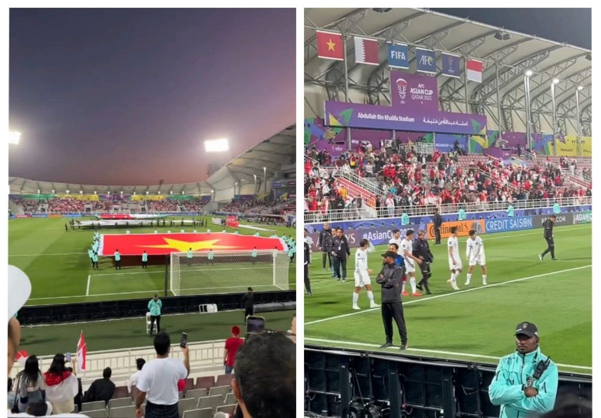Suasana sesaat menjelang kick off pertandingan Timnas Indonesia melawan Vietnam di Stadion Abdullah bin Khalifa, Doha, Jumat 19 Januari 2024.*/Kolase Kabar Priangan/Dok. Avida Suswanti