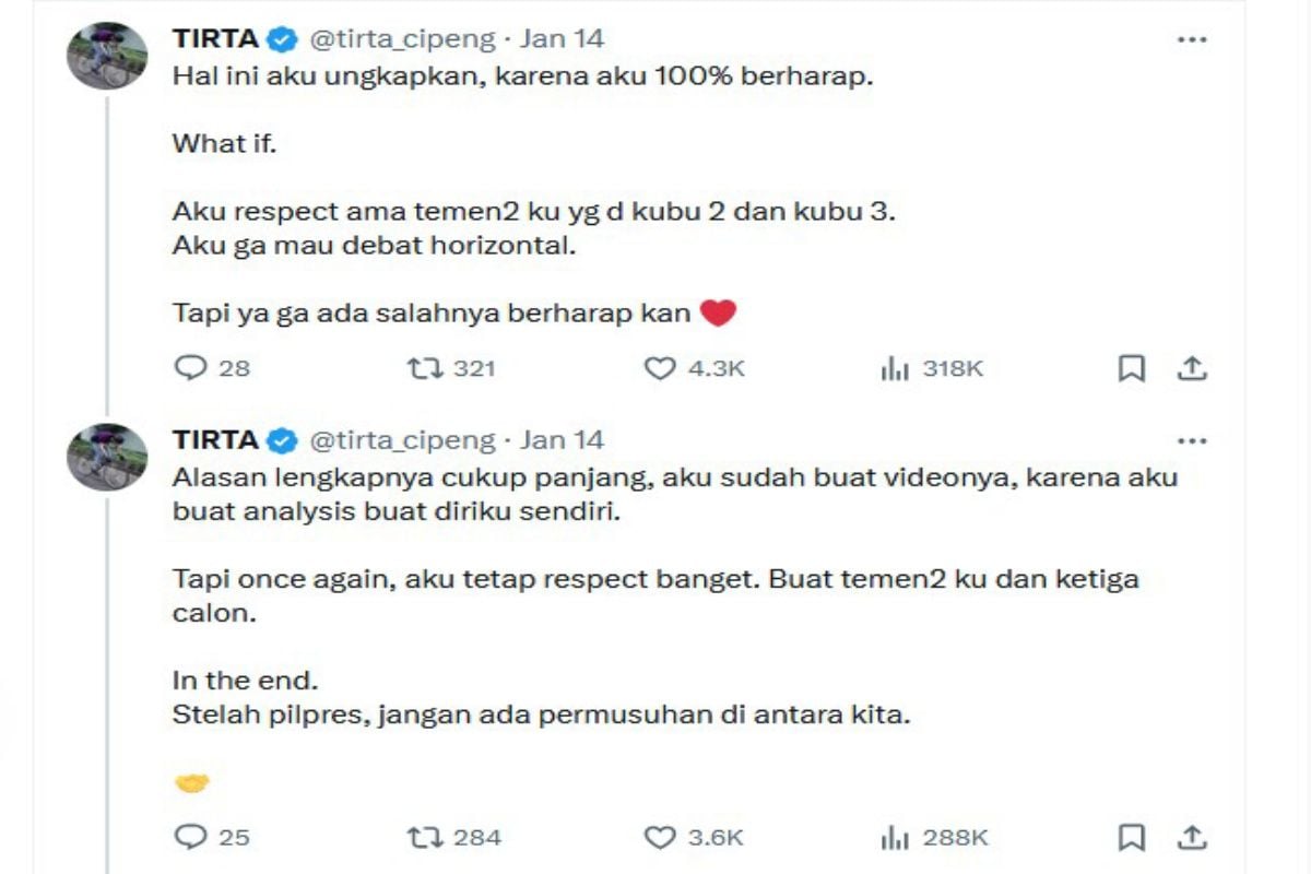Postingan Dr. Tirta tentang dukungannya/screenshot Postingan Twitter/@tirta_cipeng