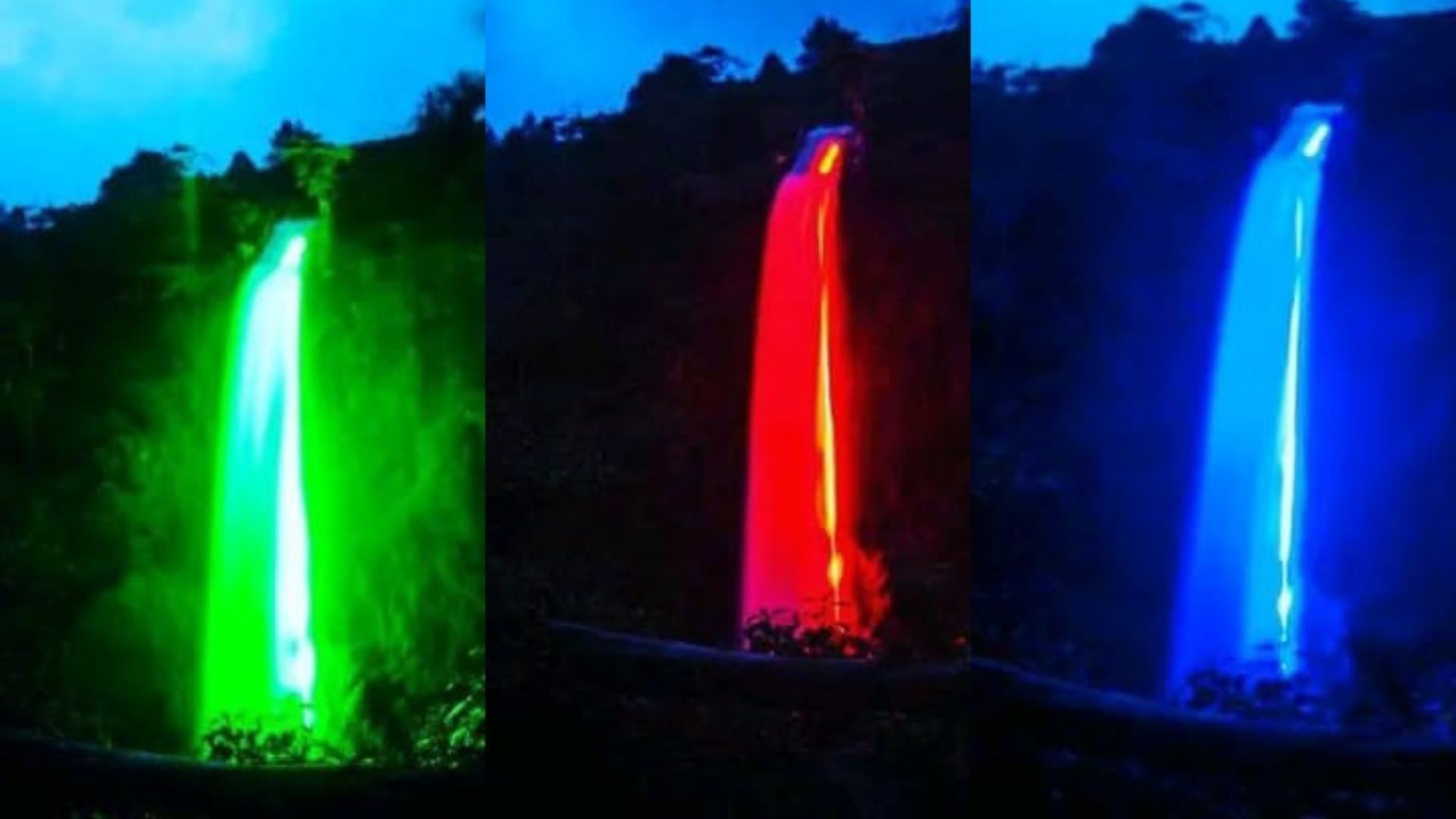 Tempat wisata alam tersembunyi di Tasikmalaya, air terjun Curug Agung Galunggung di malam hari memiliki tiga warna hijau, merah, dan biru.