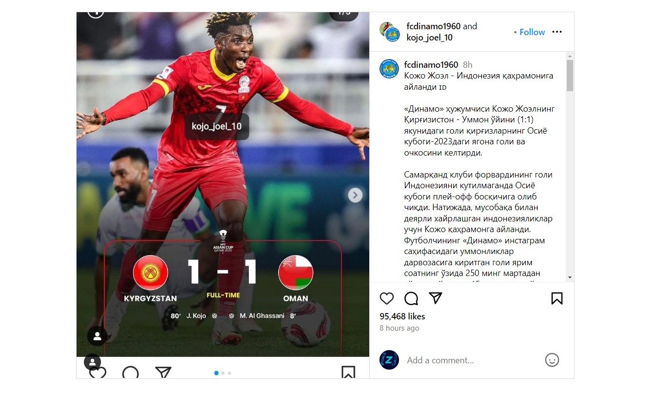 Postingan Joel Kojo di Instagram usai cetak gol di Piala Asia 2024. / Tangkapan layar Instagram @kojo_joel_10