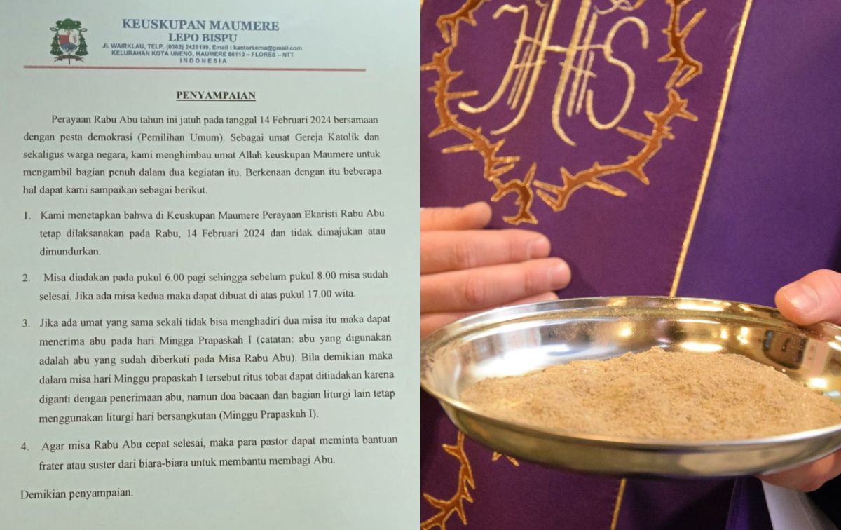 Surat imbauan Uskup Maumere terkait perayaan Rabu Abu yang jatuh persis pada hari pelaksanaan Pemilu 2024 (kiri), imam Katolik membawa abu untuk diberikan kepada umat (kanan).//