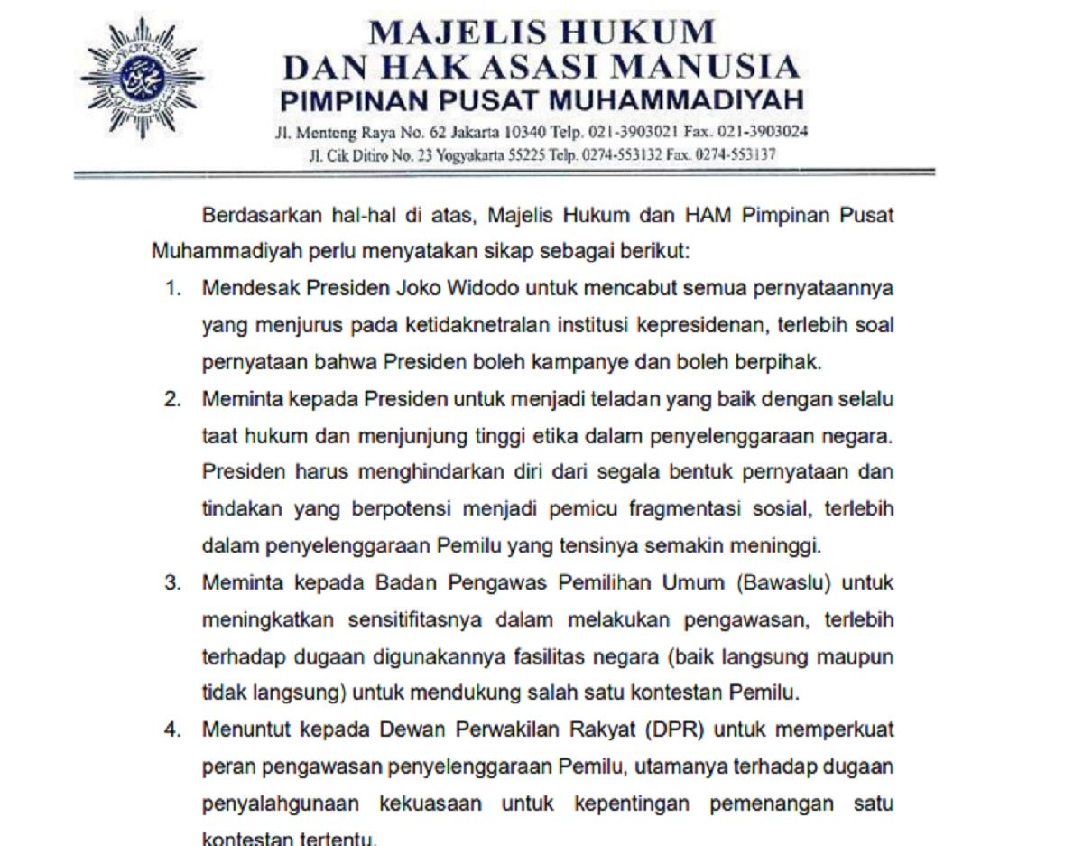 Beredar Kabar Sikap PP Muhammadiyah tentang Pernyataan Kontroversi Presiden Boleh Memihak dan Kampanye