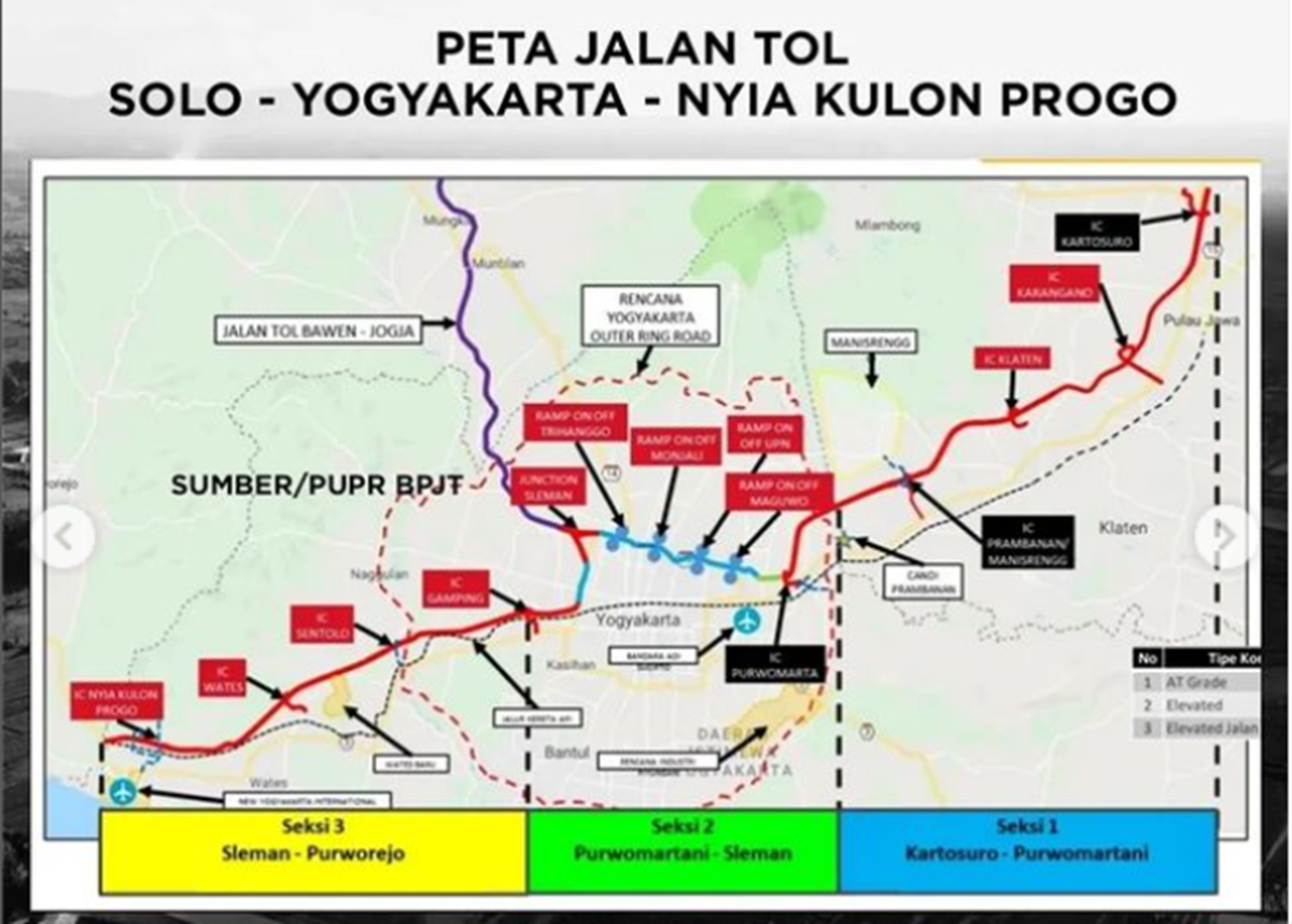 Peta Tol Solo - Jogja - YIA seksi 1 Kartasura - Purworatani hingga Seksi 3 di Bandara YIA Kulon Progo.
