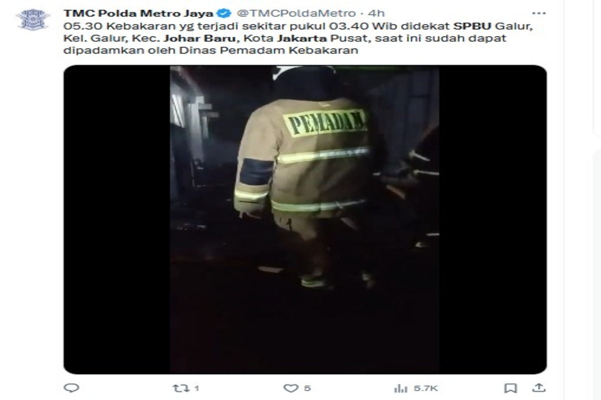 Screenshot Postingan tentang Kebakaran dari Polda Metro / twitter/TMCPoldaMetro