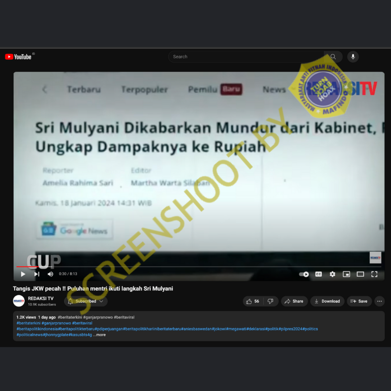 Tangkapan layar YouTube postingan Redaksi TV/Cek fakta