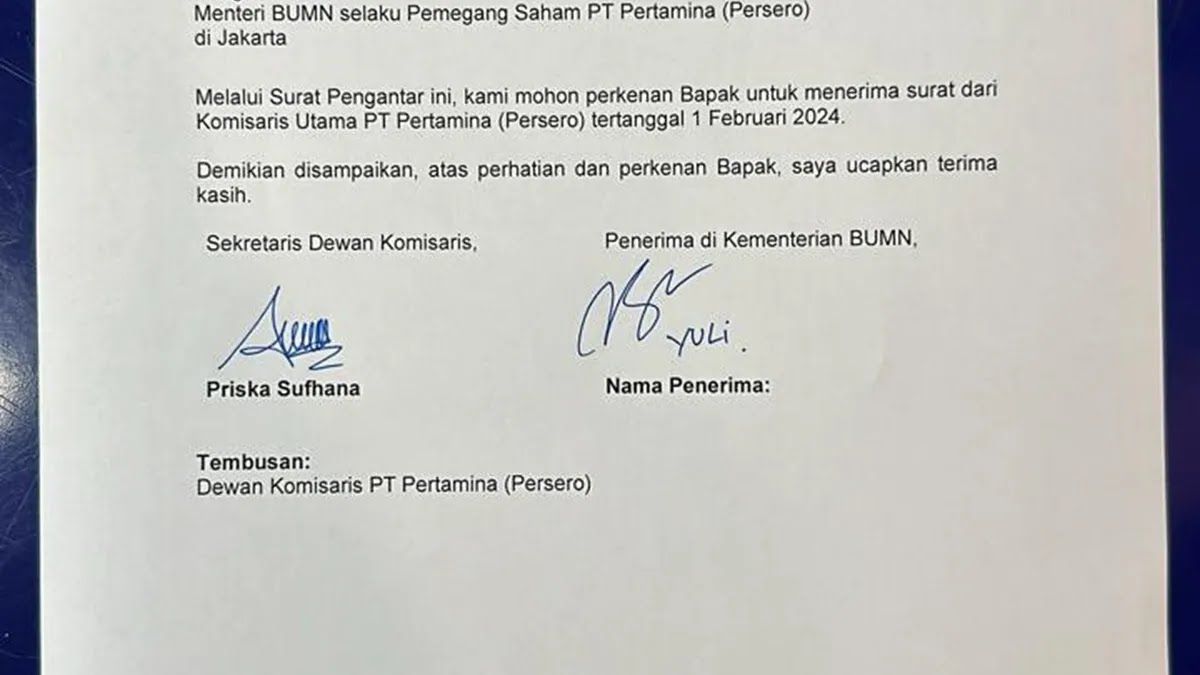Sebagian isi surat BTP dari Komisaris Utama Pt Pertamina pada 2 Februari 2024