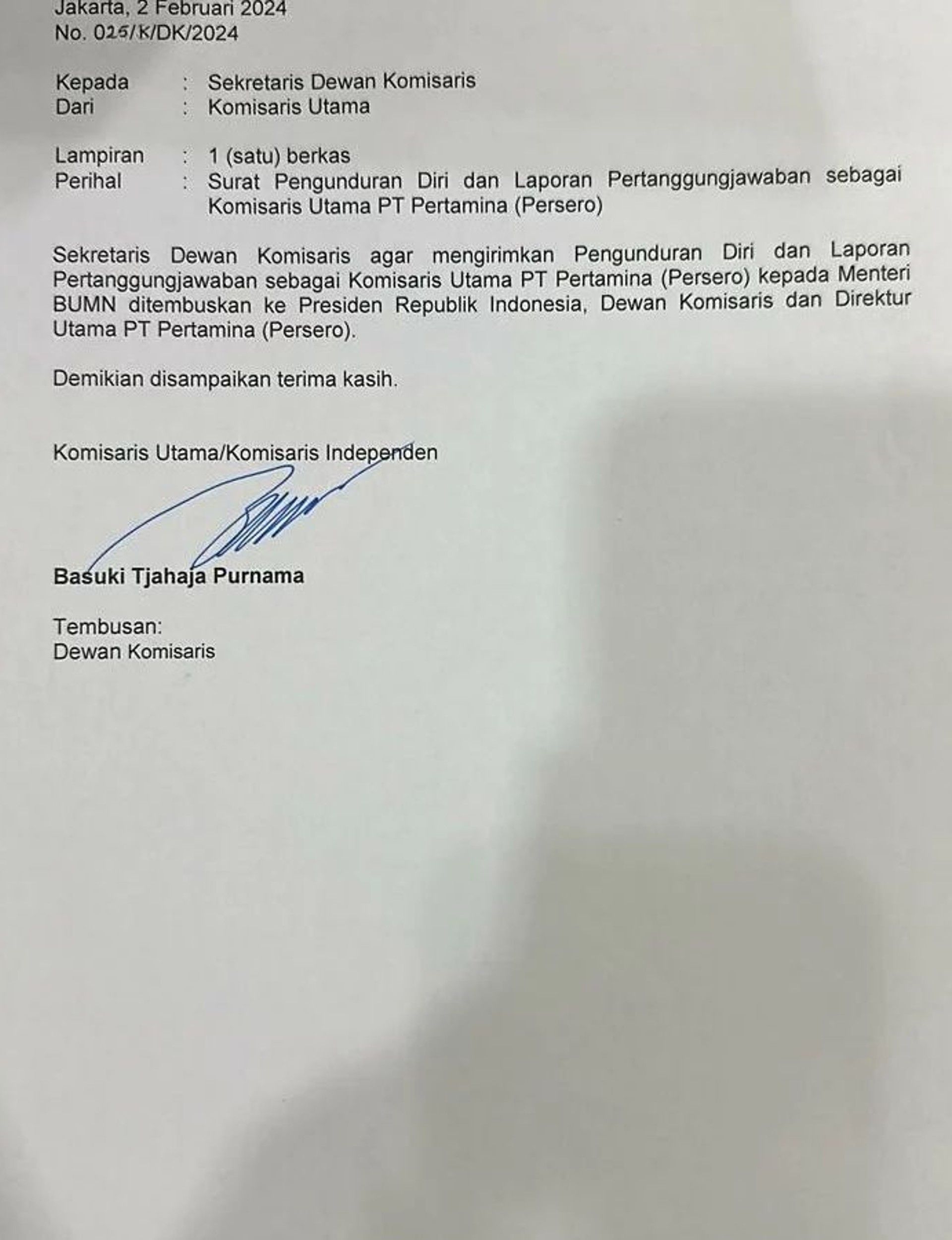 Surat pengunduran diri Ahok sebagai Komisaris Utama di PT Pertamina