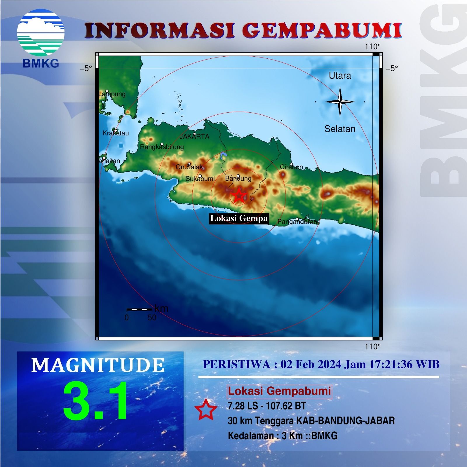 Gempa bumi dengan kekuatan 3,1 magnitudo mengguncang Bandung, Jumat 2 Februari 2024.