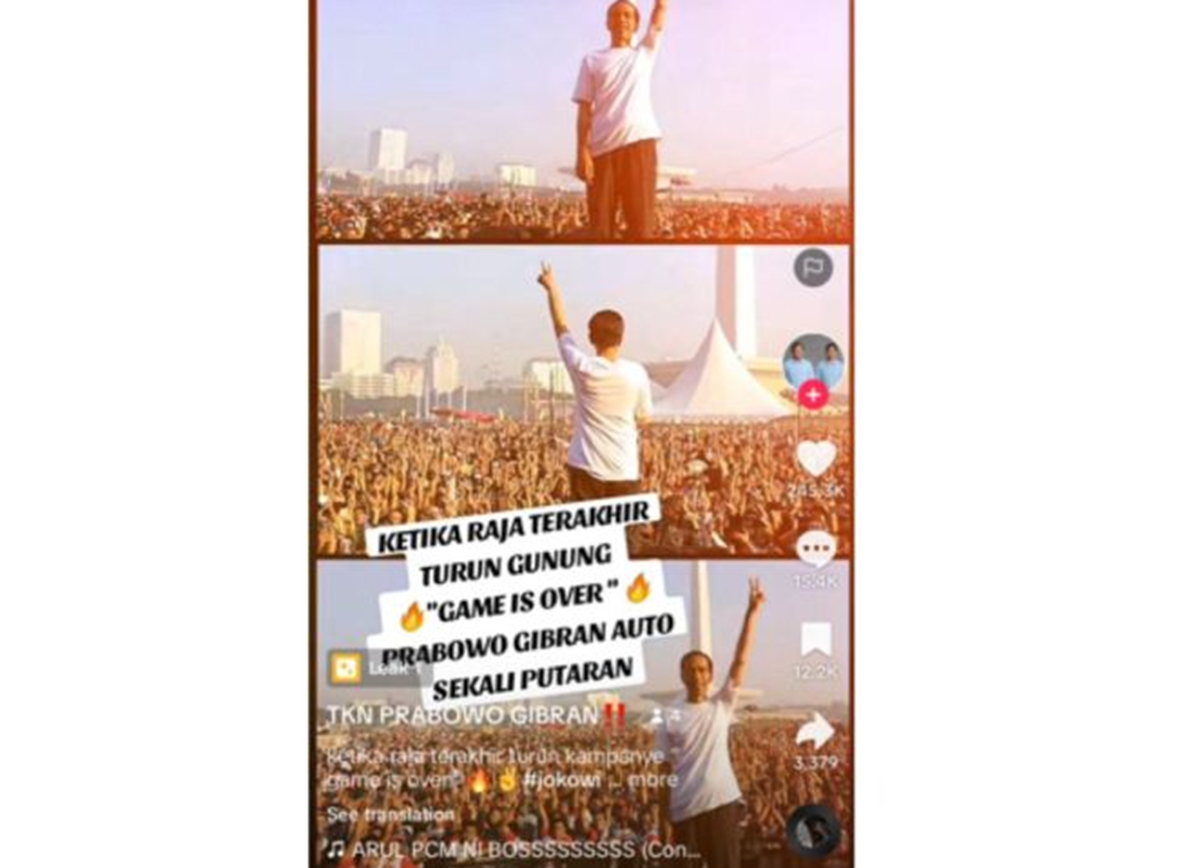 Unggahan disinformasi yang mengklaim foto Jokowi salam dua jari di kampanye Prabowo-Gibra. Faktanya, foto tersebut merupakan saat Jokowi melepas peserta acara gerak jalan 2014 lalu. (TikTok)