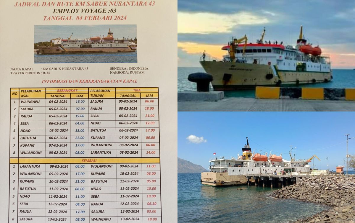 Informasi jadwal kapal KM Sabuk Nusantara 43 bulan Februari 2024 (foto kiri).//