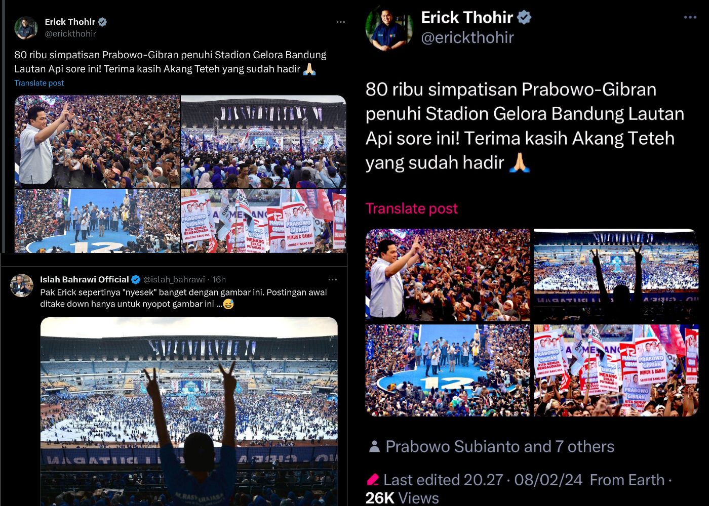 Unggahan Erick Thohir yang dirujak publik karena hapus foto kampanye Prabowo yang terlihat sepi.