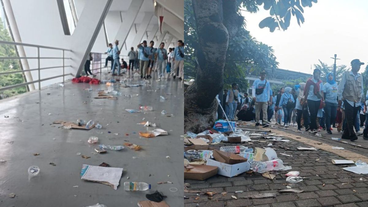 Penampakan sampah yang ditinggalkan pendukung Prabowo-Gibran usai Kampanye Akbar di GBK, Sabtu 10 Februari 2024.