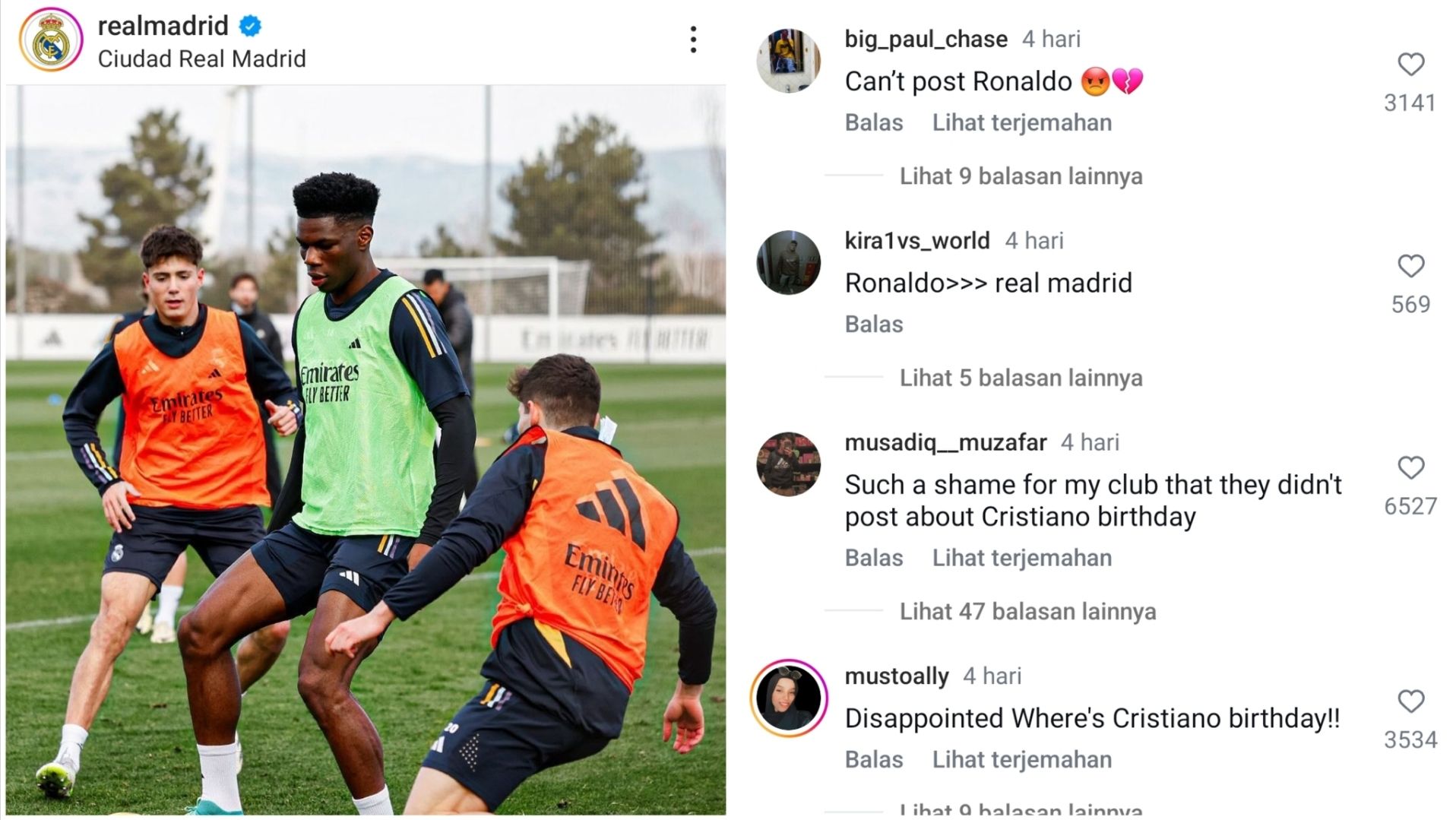 Unggahan akun Instagram Real Madrid dan komentar fans Ronaldo