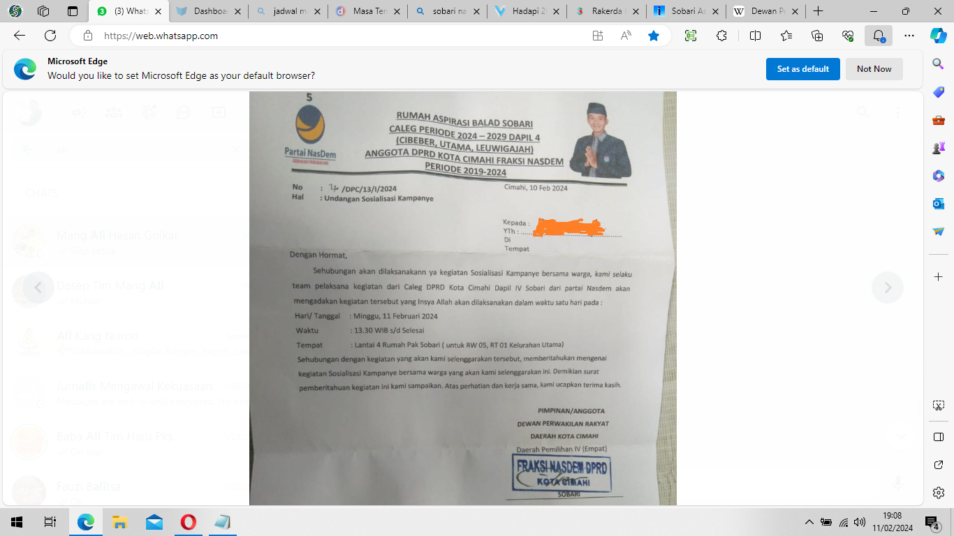 Surat undangan kampanye tertutup dari Caleg Nasdem Cimahi, Sobari