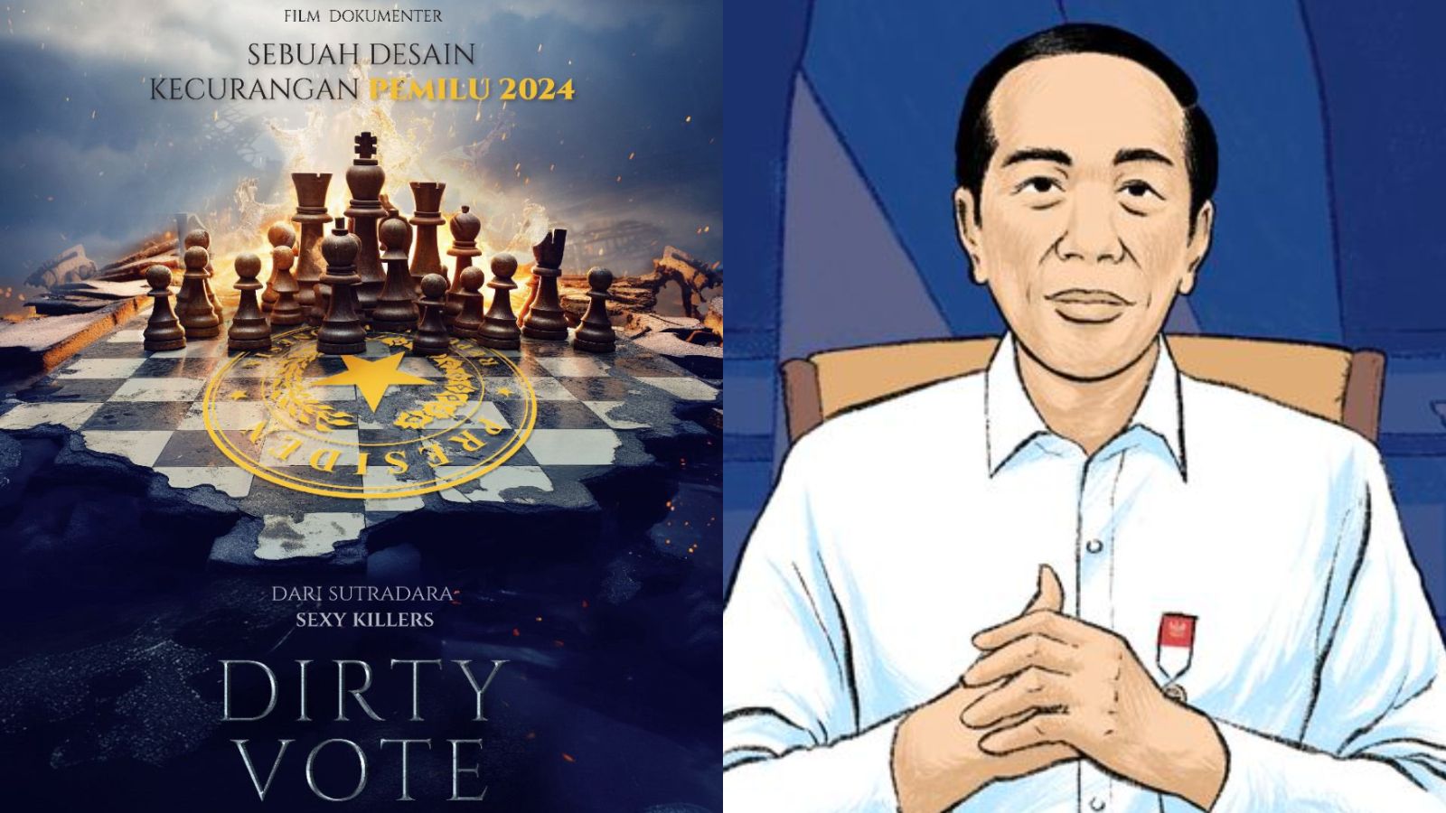 Poster film Dirty Vote (kiri) dan ilustrasi Jokowi (kanan).