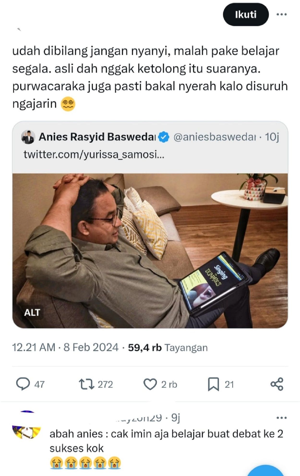  Komen Lucu  Netizen Twitter Moment Anies Baswedan  di Roasting pendukungya Sendiri