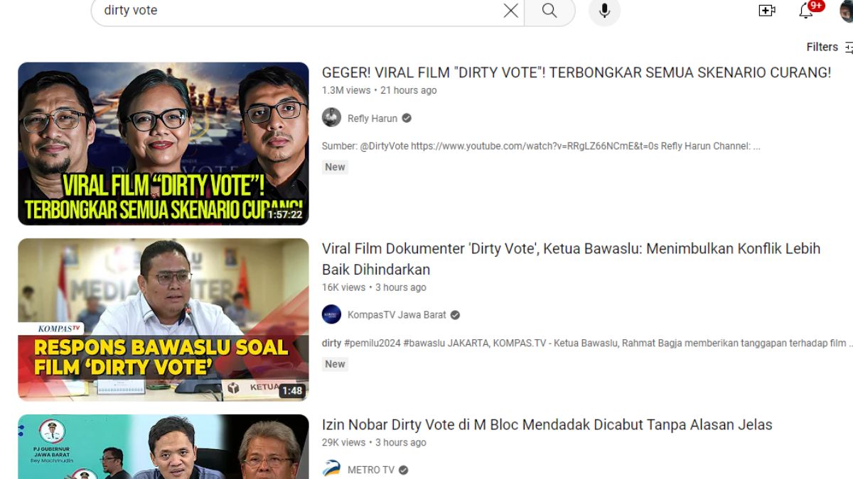 Hasil pencarian 'Dirty Vote' melalui kolom search YouTube pada Senin 12 Februari 2024.