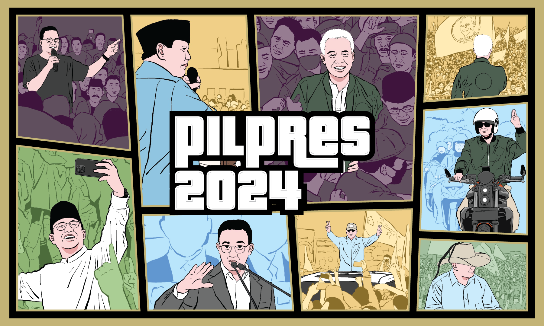 Ilustrasi capres di Pilpres 2024, Ganjar Pranowo, Anies Baswedan, dan Prabowo Subianto.