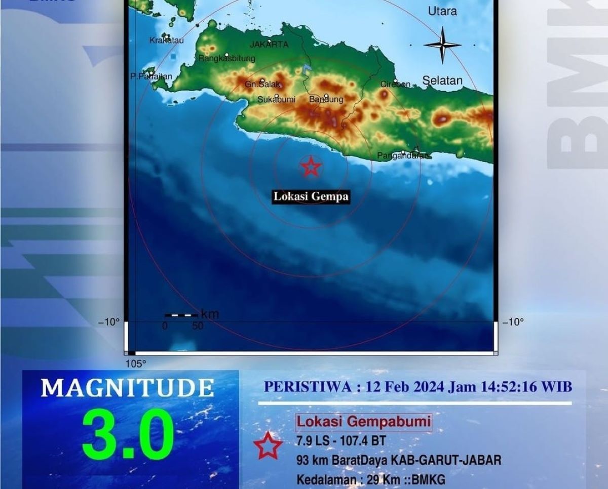 Peta pusat gempa bumi yang melanda wilayah Kabupaten Garut Jawa Barat dan sekitarnya Senin 12 Februari 2024.