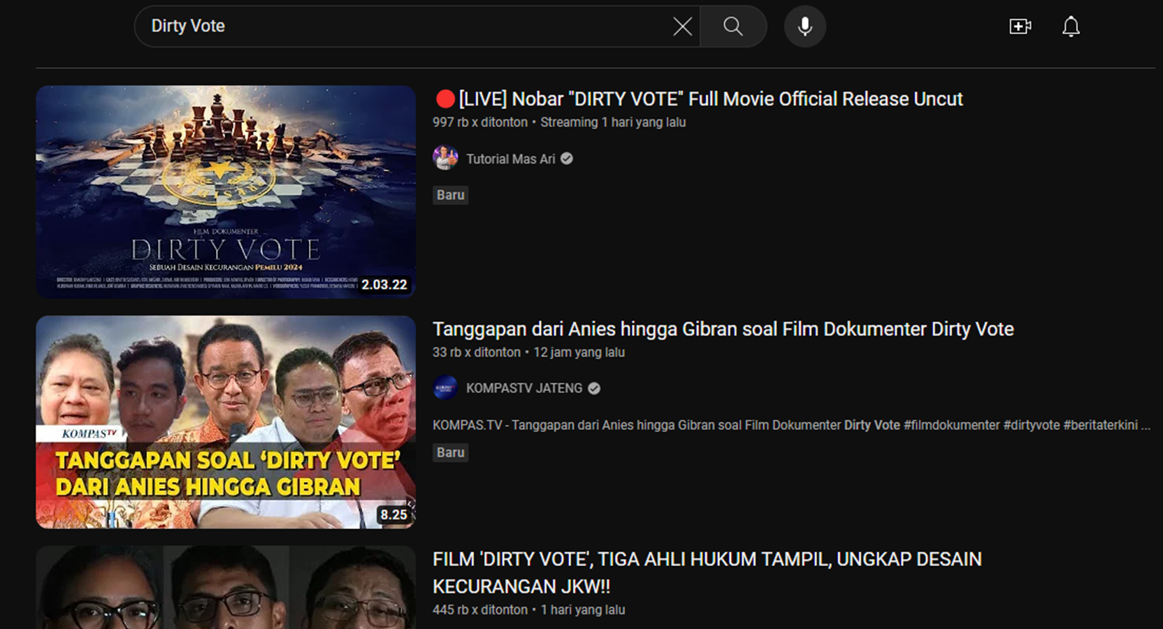 Pencarian Dirty Vote di YouTube.