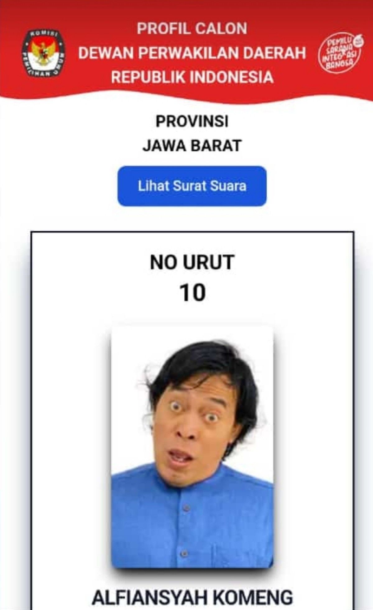 Foto Komeng di Daftar Calon Anggota DPD RI untuk Jawa Barat 