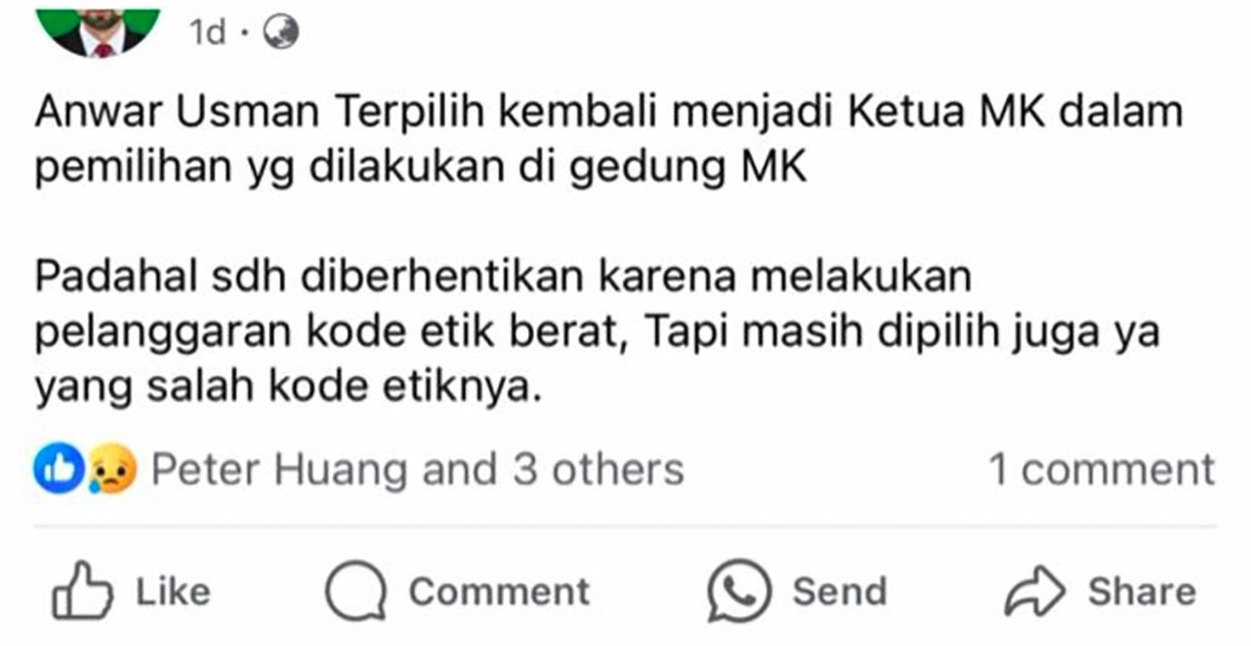 Unggahan yang menarasikan Anwar Usman kembali jadi Ketua MK pada 15 Februari. Faktanya, Kepala Biro Hukum Administrasi dan Kepaniteraan MK Fajar Laksono memastikan bahwa gugatan hakim konstitusi yang juga mantan Ketua MK Anwar Usman di PTUN Jakarta belum diputus.