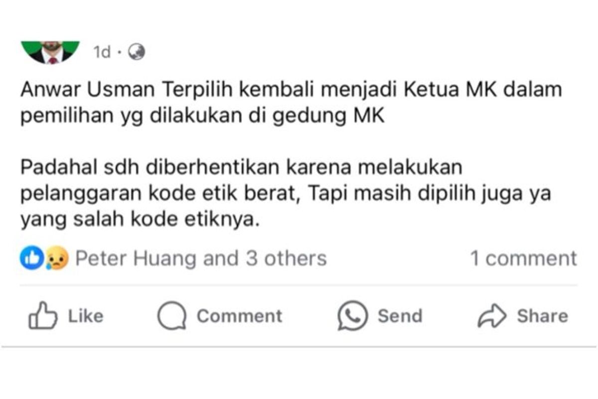 Unggahan Facebook yang menyebut Anwar Usman jadi Ketua MK lagi.