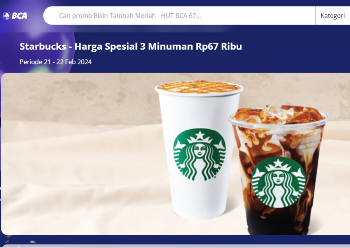 Promo HUT BCA 67, Starbucks hanya Rp67 ribu untuk tiga minuman
