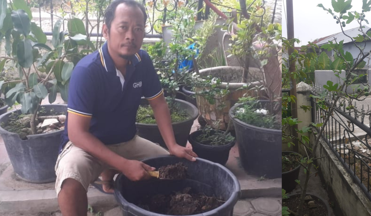 Asmaraman warga Jermal 15 Kel Menteng, Kec Medan Denai mengurai limbah sampah dan air cucian beras menjadi pupuk