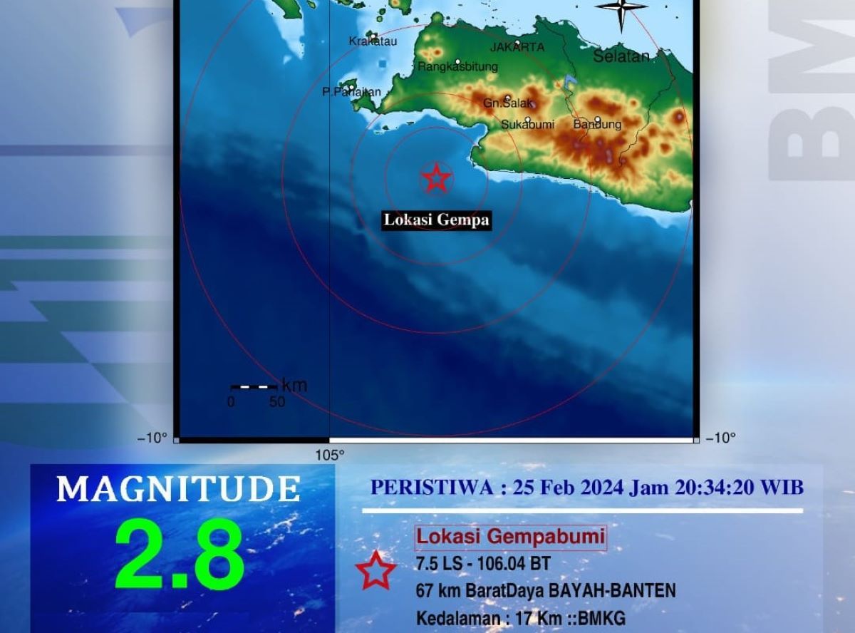 Peta pusat gempa susulan diwilayah Bayah Kabupaten Lebak Banten Minggu 25 Februari 2024.