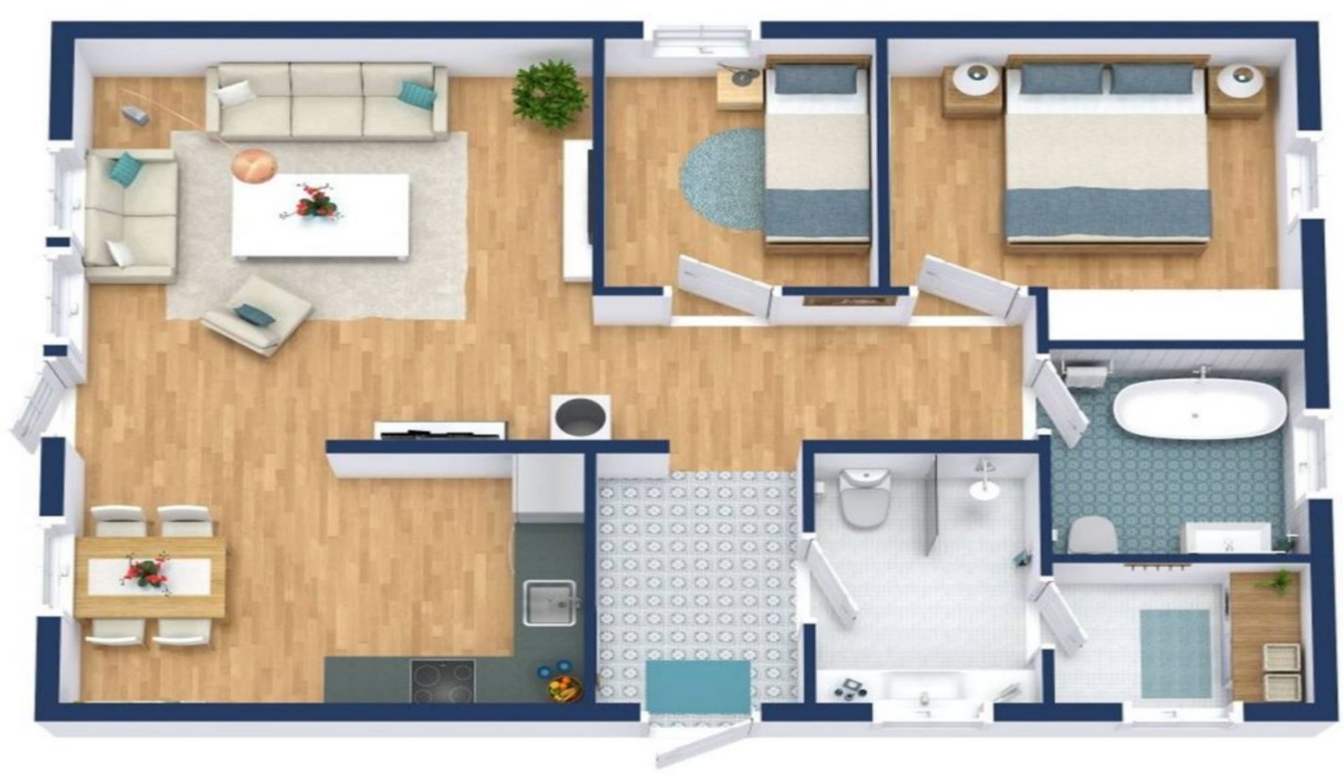 Desain Rumah 6×8 Kamar 2 dengan Lantai Kayu.