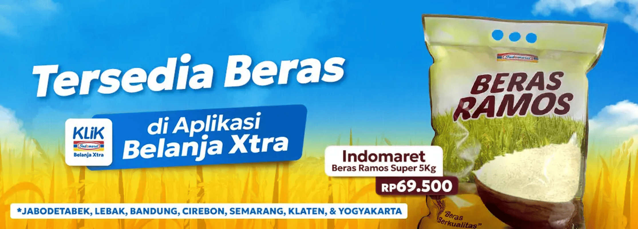 Promo Beras Ramos Super 5 kg seharga Rp69.500 di Aplikasi Belanja Klik Indomaret Xtra./klikindomaret.com