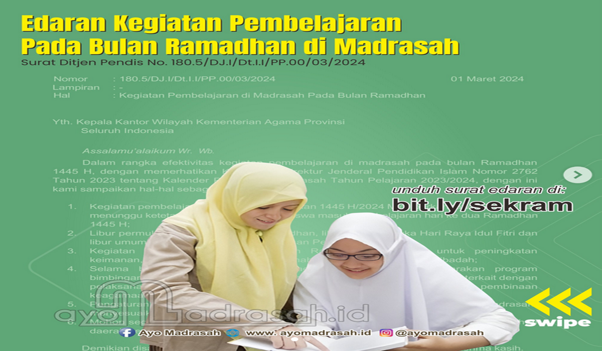 inilah informasi tentang rilis surat edaran perihal kegiatan pembelajaran di madrasah bulan Ramadhan tahun 2024 oleh Direktorat KSKK Madrasah.