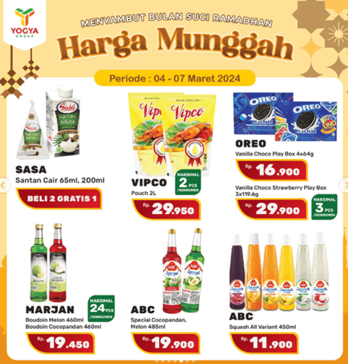 Beragam produk makanan dan minuman disajikan dalam Promo Harga Munggah Yogya mulai 04-07 Maret 2024.  