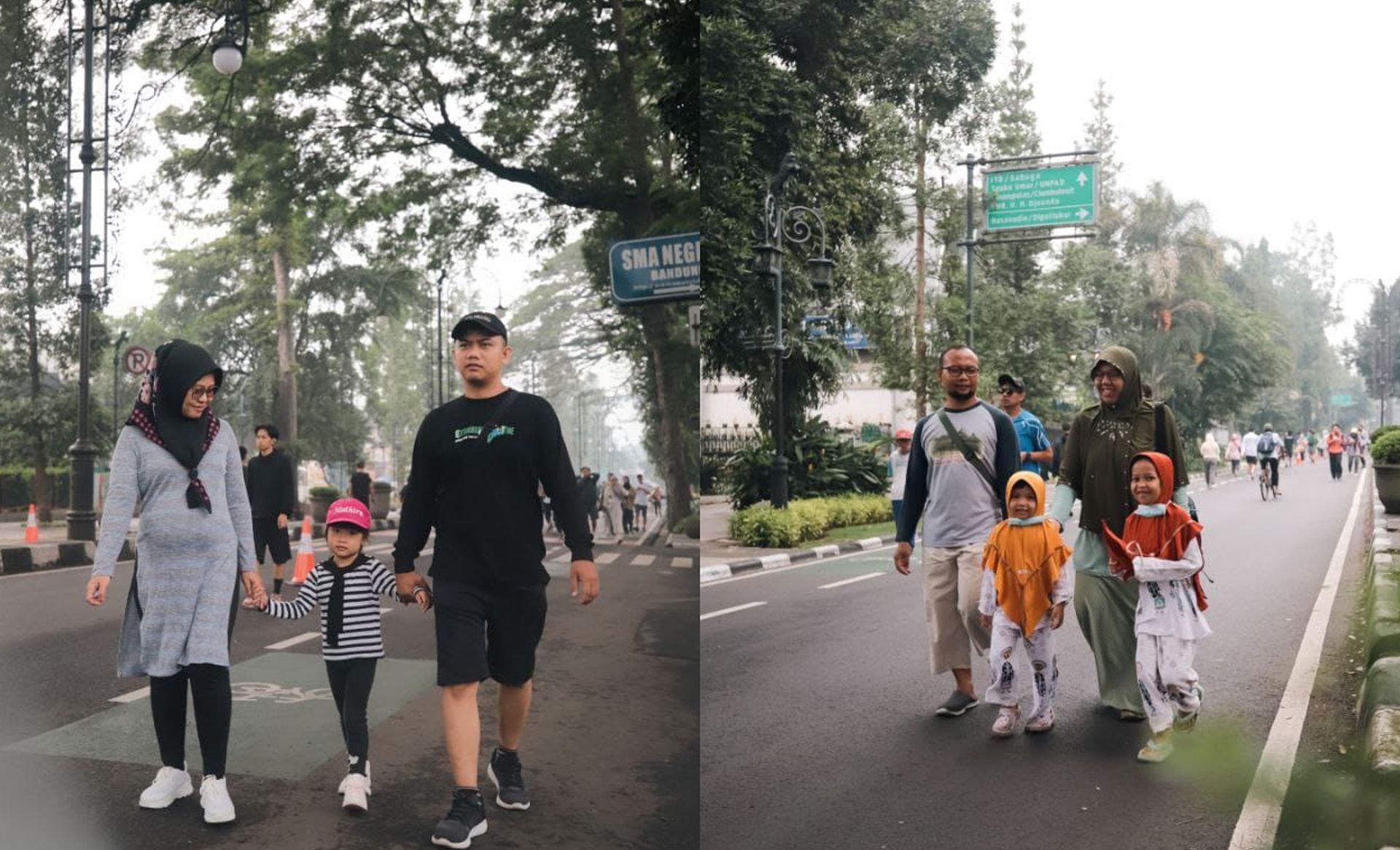 2 Keluarga berjalan santai menikmati sejuknya udara pagi Jalan Dago di kawasan CFD Dago Minggu 3 Maret 2024.