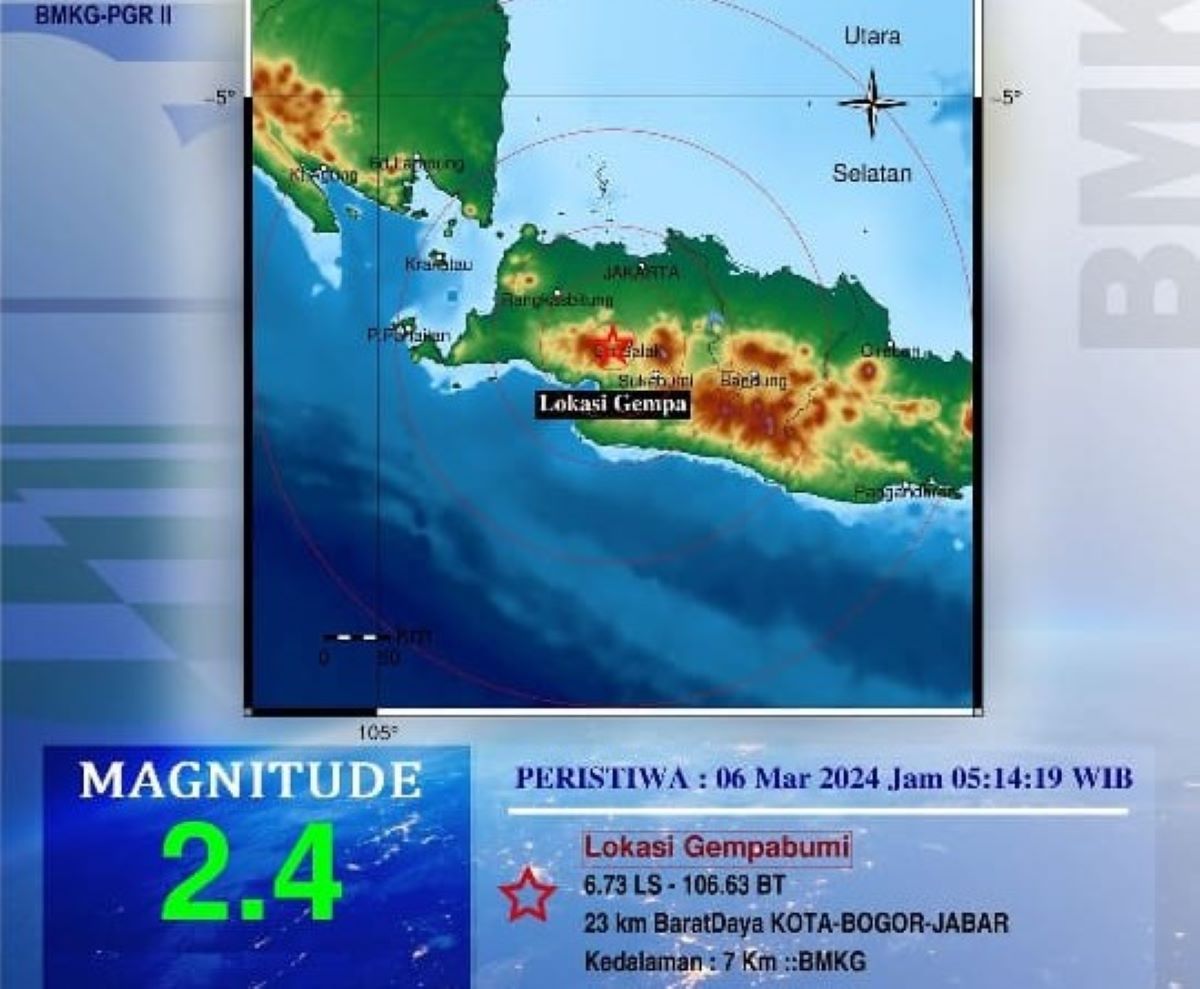 Peta pusat gempa bumi tektonik yang melanda wilayah Kota bogor Rabu 6 Maret 2024.