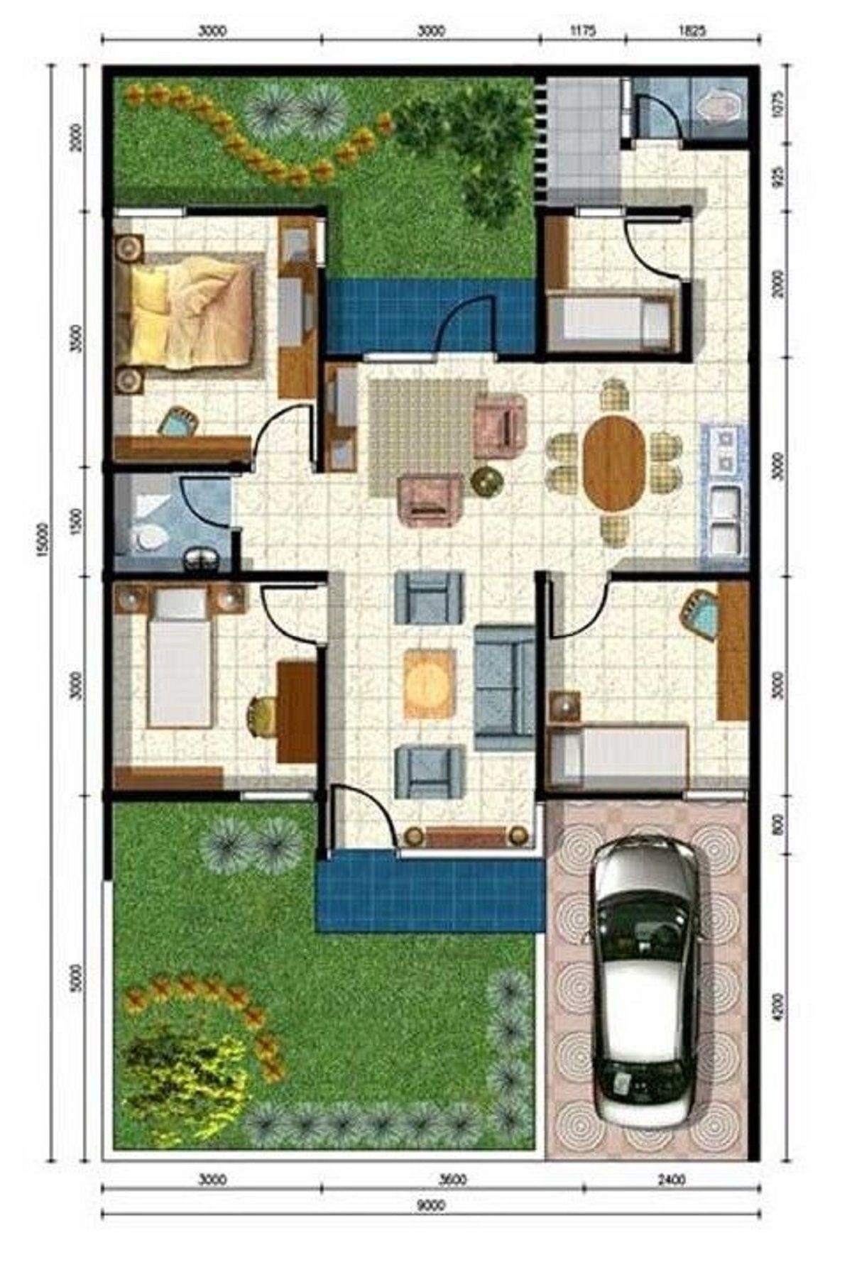 Desain Rumah Minimalis 3 Kamar dengan Taman Luas dan Carport/mitra10