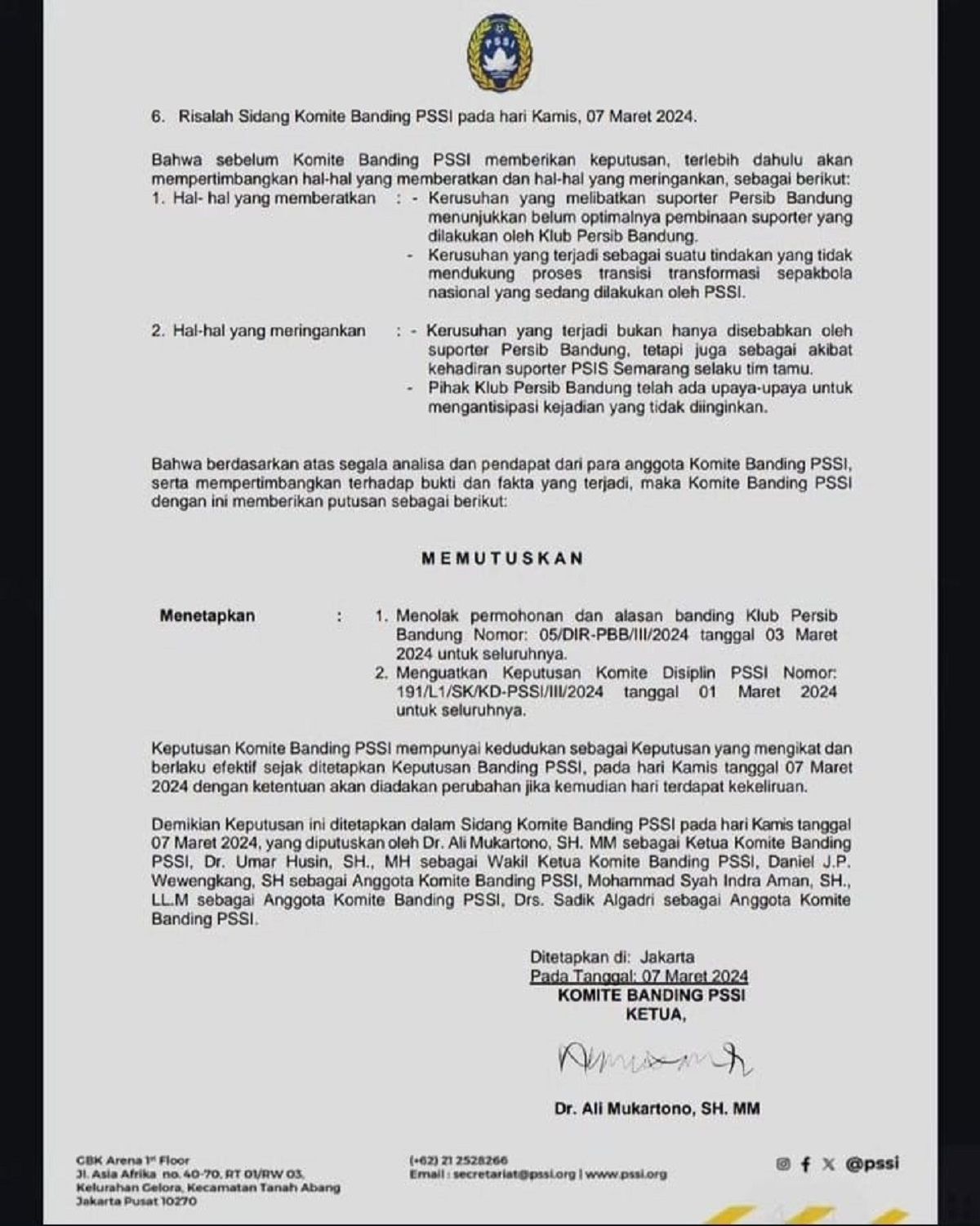 Salinan putusan Komite Banding PSSI soal laga Persib vs Persija