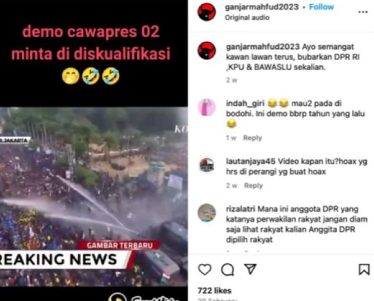 Unggahan video hoaks yang menarasikan demo meminta diskualifikasi paslon Prabowo-Gibran dari Pemilu 2024. Faktanya, video tersebut merupakan demo tolak RUU KUHP 2019 lalu.