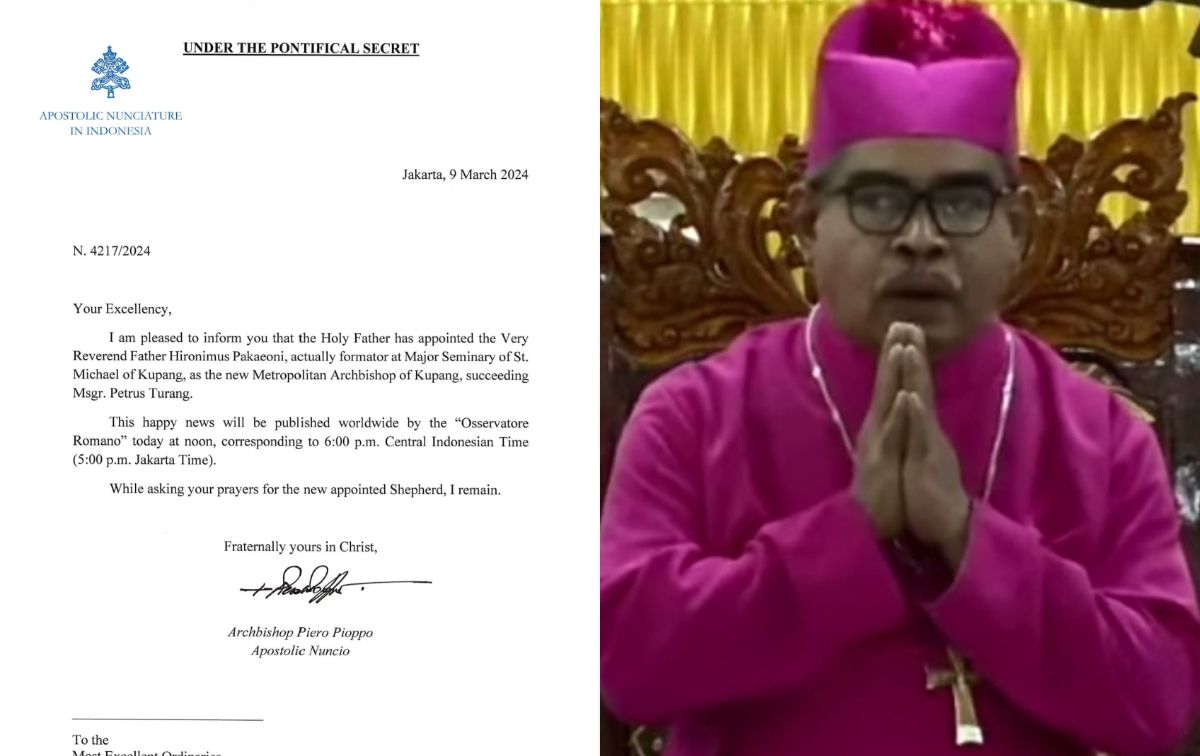 Surat informasi penunjukkan RD. Hironimus Pakaenoni sebagai Uskup Agung Kupang yang baru (foto kiri).//