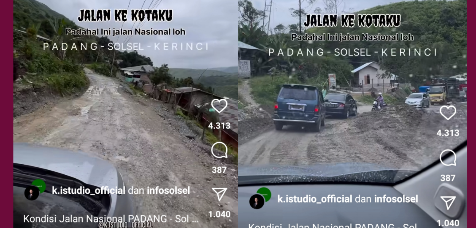 Kolase Tangkapan Layar kondisi jalan nasional di Solok 