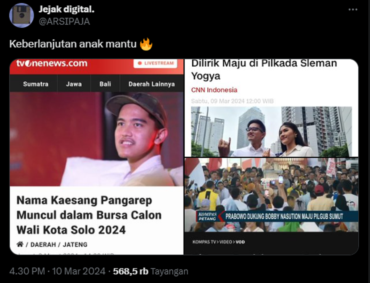Anak hingga mantu Jokowi diisukan masuk bursa Pilkada 2024.