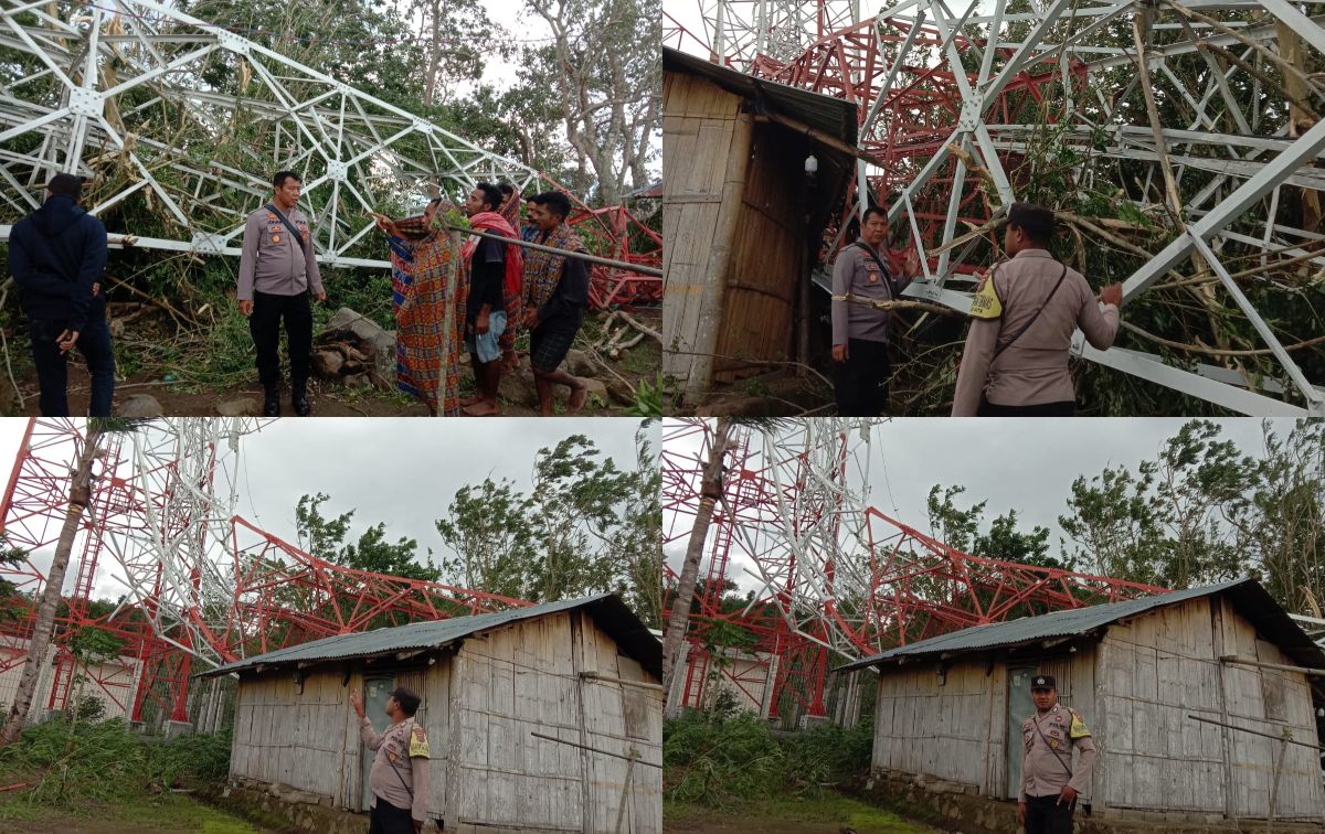 Kapolsek Nita IPDA Kadek Johan Abdi Jaya bersama anggotanya saat memantau lokasi tumbangnya Tower Radio Polri di Desa Ri'it, Nita, Sikka.//