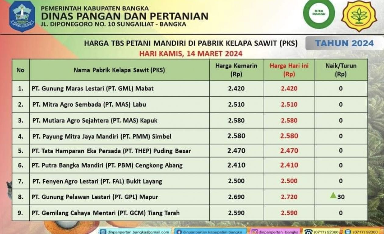 Tabel Harga TBS kelapa sawit ditingkat PKS Kabupaten Bangka hari ini, Kamis, 14 Maret 2024